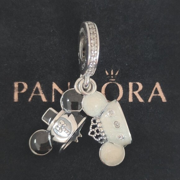 Pandora Mickey & Minnie Mouse Wedding Ear Hats Dangle Charm - Picture 1 of 5